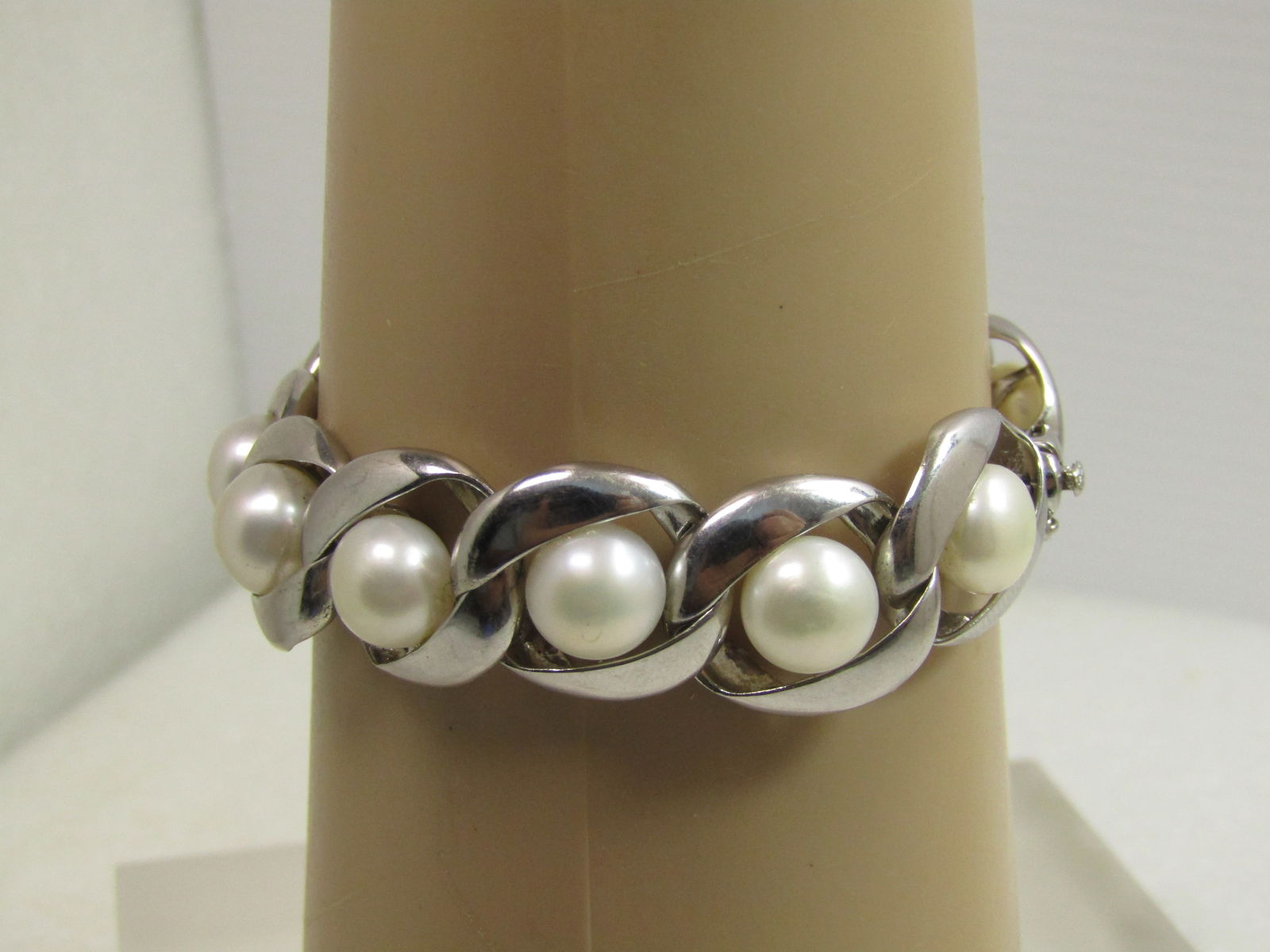 Vintage Sterling Cultured Pearl Bracelet, Signed KN, 7", 1980's-1990's - 2