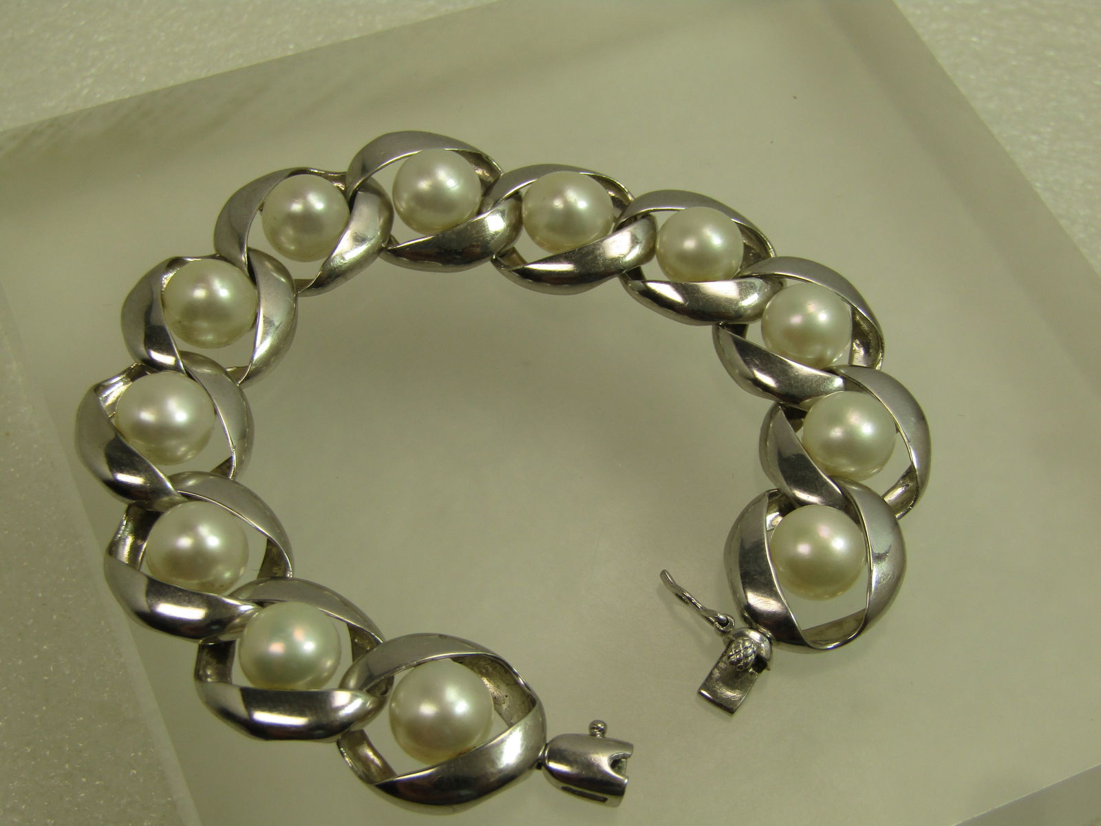 Vintage Sterling Cultured Pearl Bracelet, Signed KN, 7", 1980's-1990's - 4