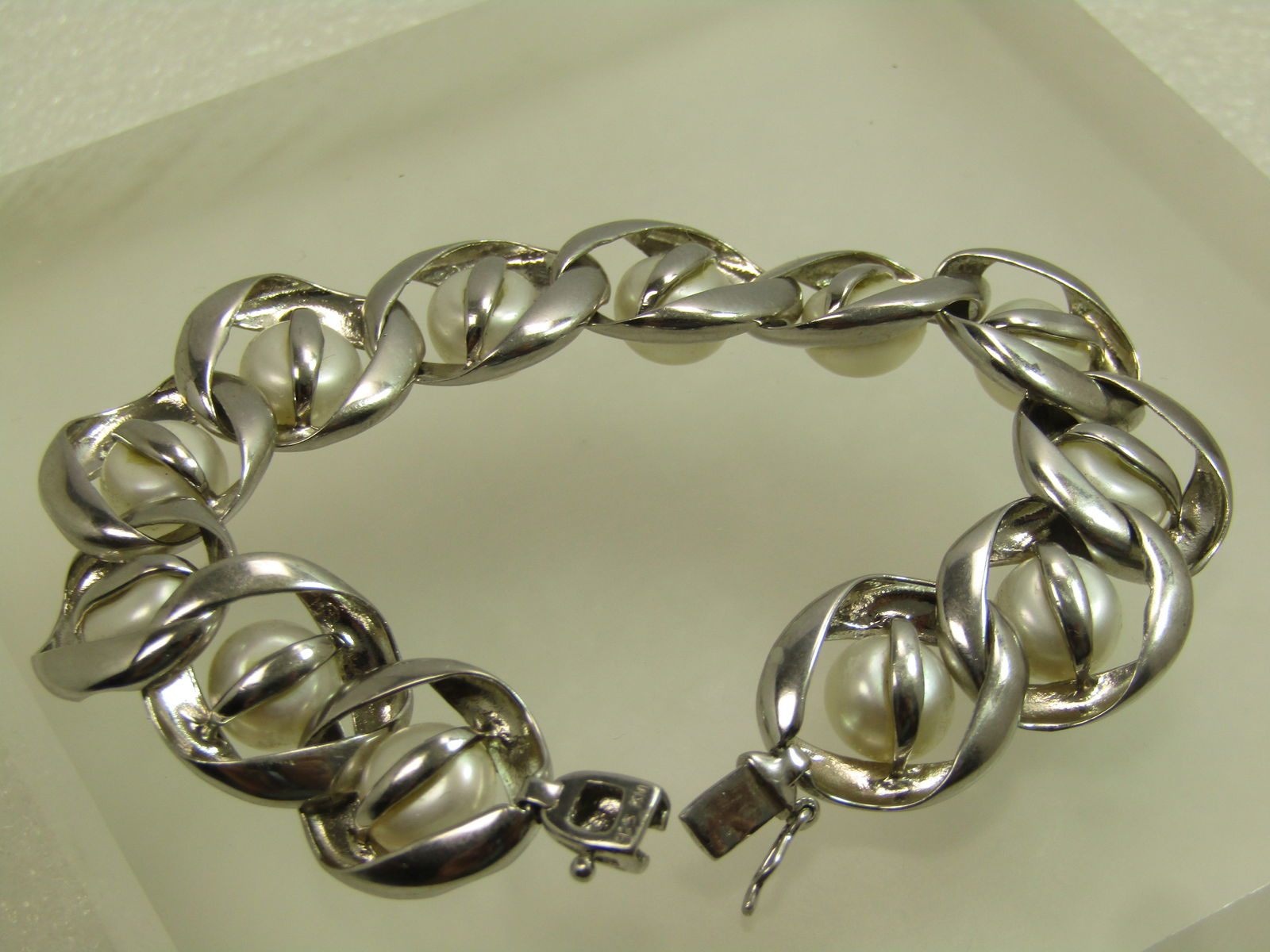 Vintage Sterling Cultured Pearl Bracelet, Signed KN, 7", 1980's-1990's - 6