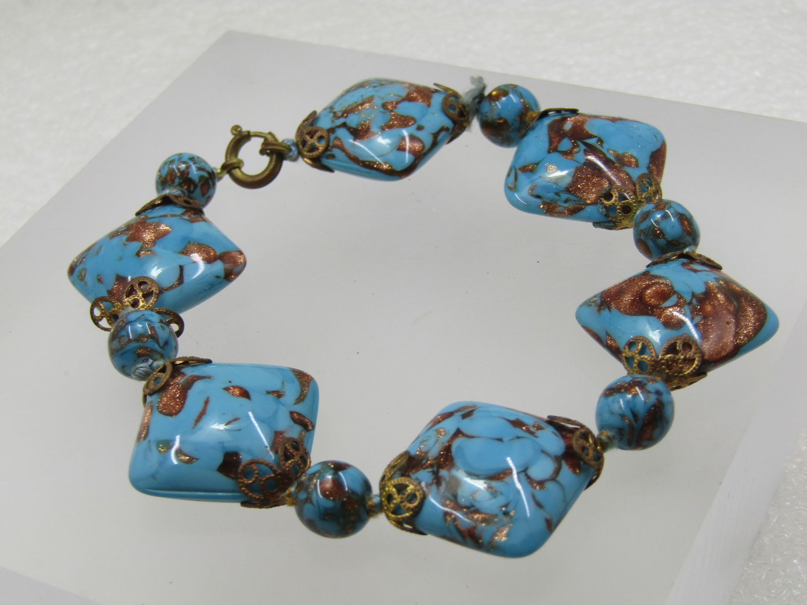 Vintage Murano Art Glass Square Beaded Bracelet, 1930's, 8.5", - 2