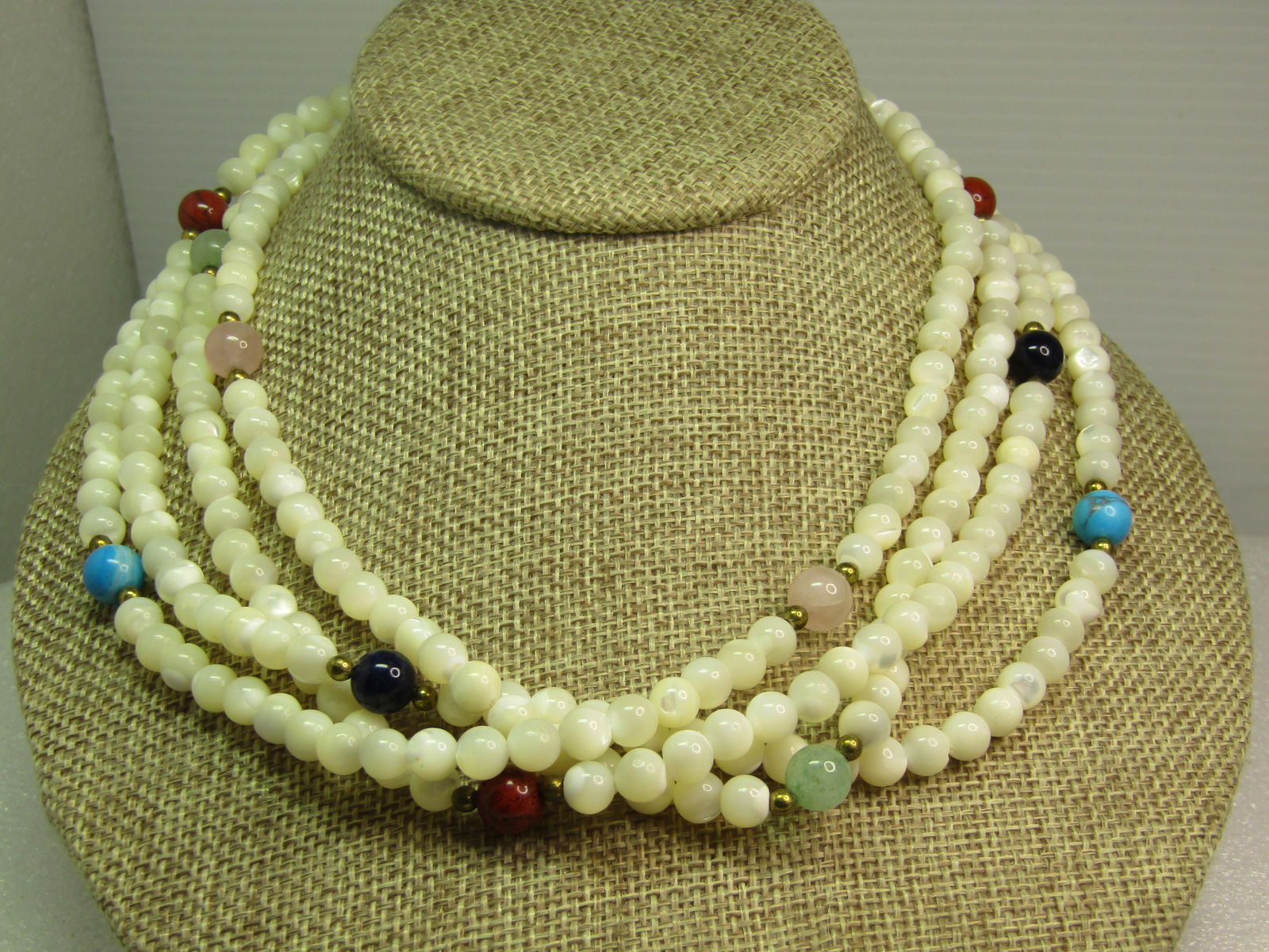 Vintage Mother-of-Pearl Beaded Necklace with Onyx, Jasper, Quartz and Jade, 70". 1980's-1990's - 2