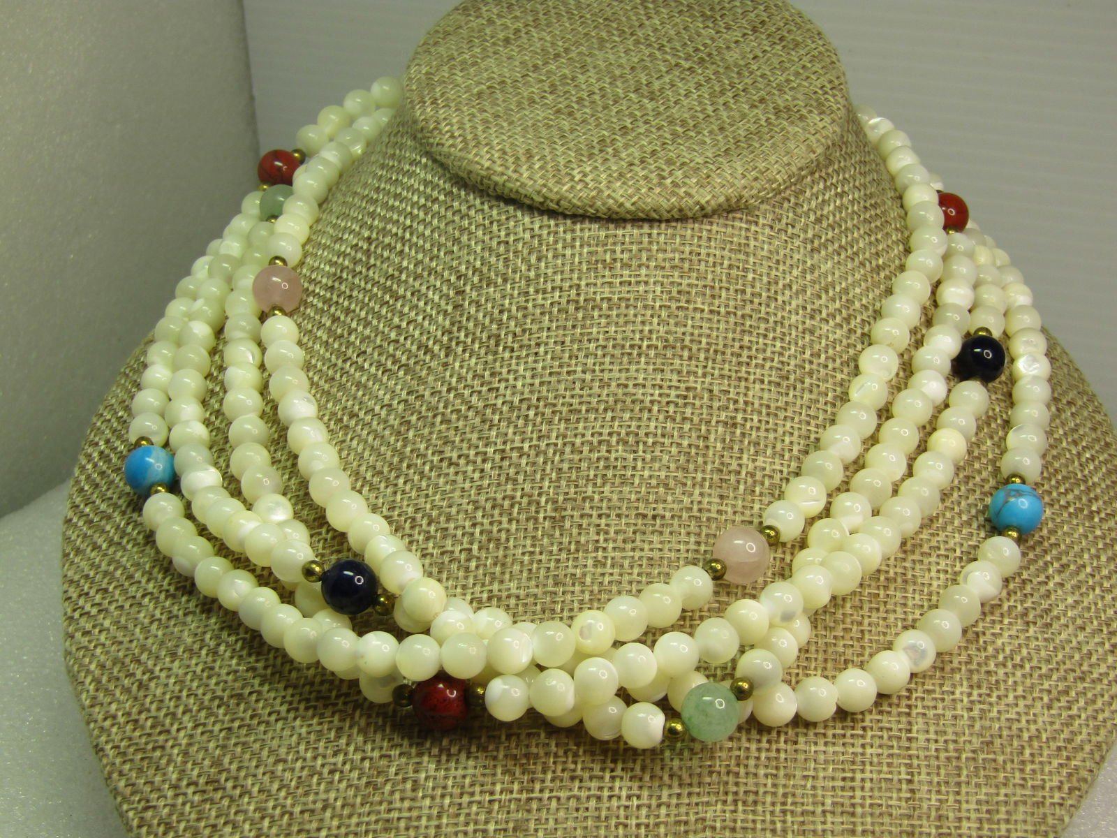 Vintage Mother-of-Pearl Beaded Necklace with Onyx, Jasper, Quartz and Jade, 70". 1980's-1990's - 3