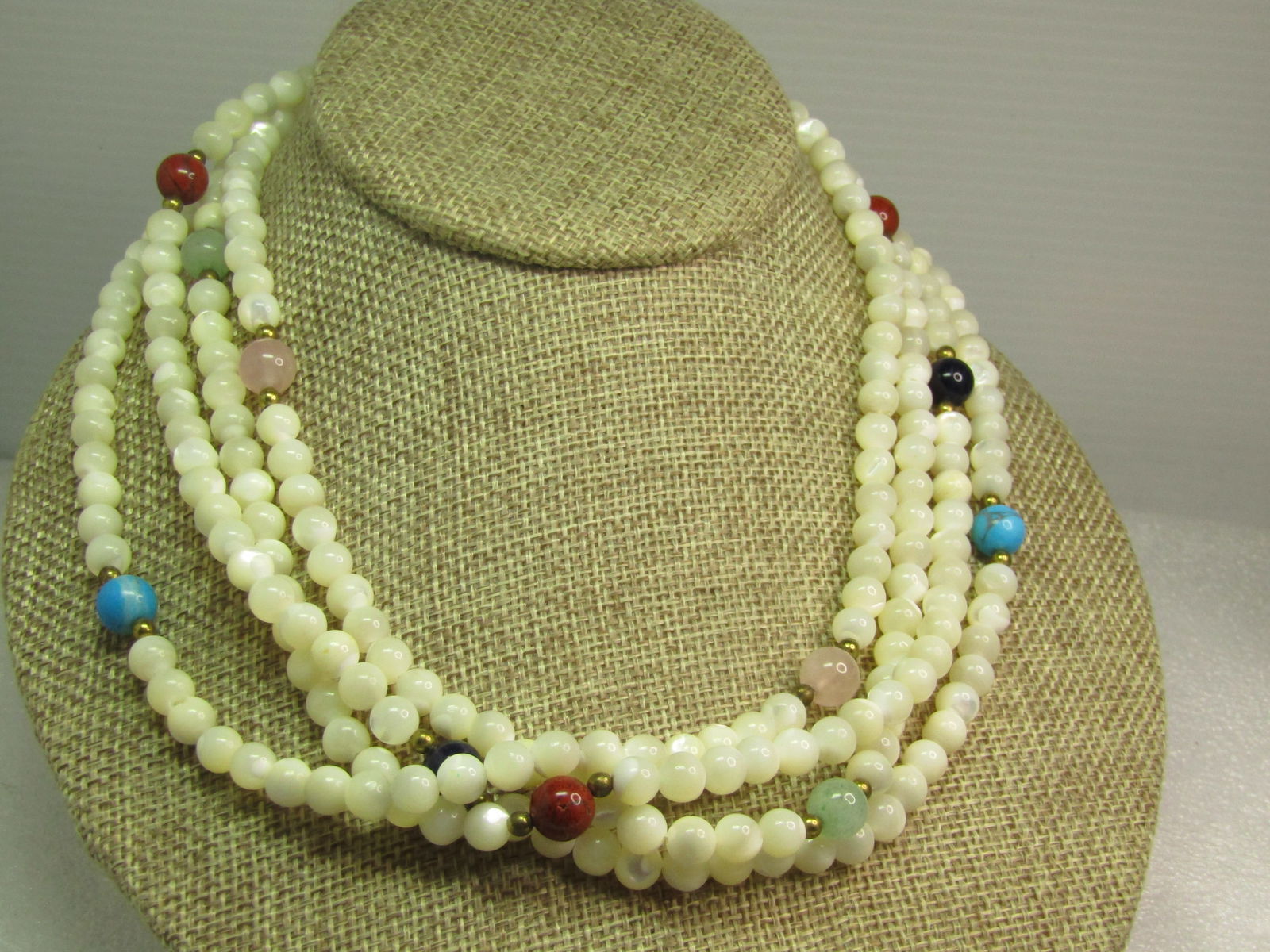 Vintage Mother-of-Pearl Beaded Necklace with Onyx, Jasper, Quartz and Jade, 70". 1980's-1990's - 4