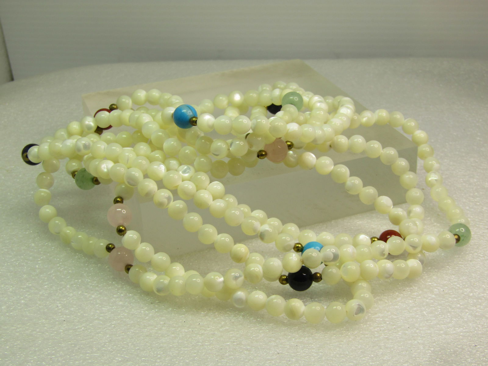 Vintage Mother-of-Pearl Beaded Necklace with Onyx, Jasper, Quartz and Jade, 70". 1980's-1990's - 5