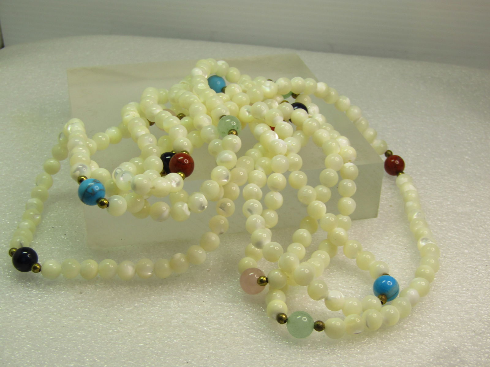 Vintage Mother-of-Pearl Beaded Necklace with Onyx, Jasper, Quartz and Jade, 70". 1980's-1990's - 6