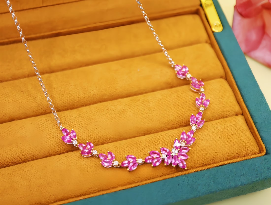 Untreated Padparadscha Sapphire Necklace, 7.20ct, 18K White Gold, Diamond Accent - 2