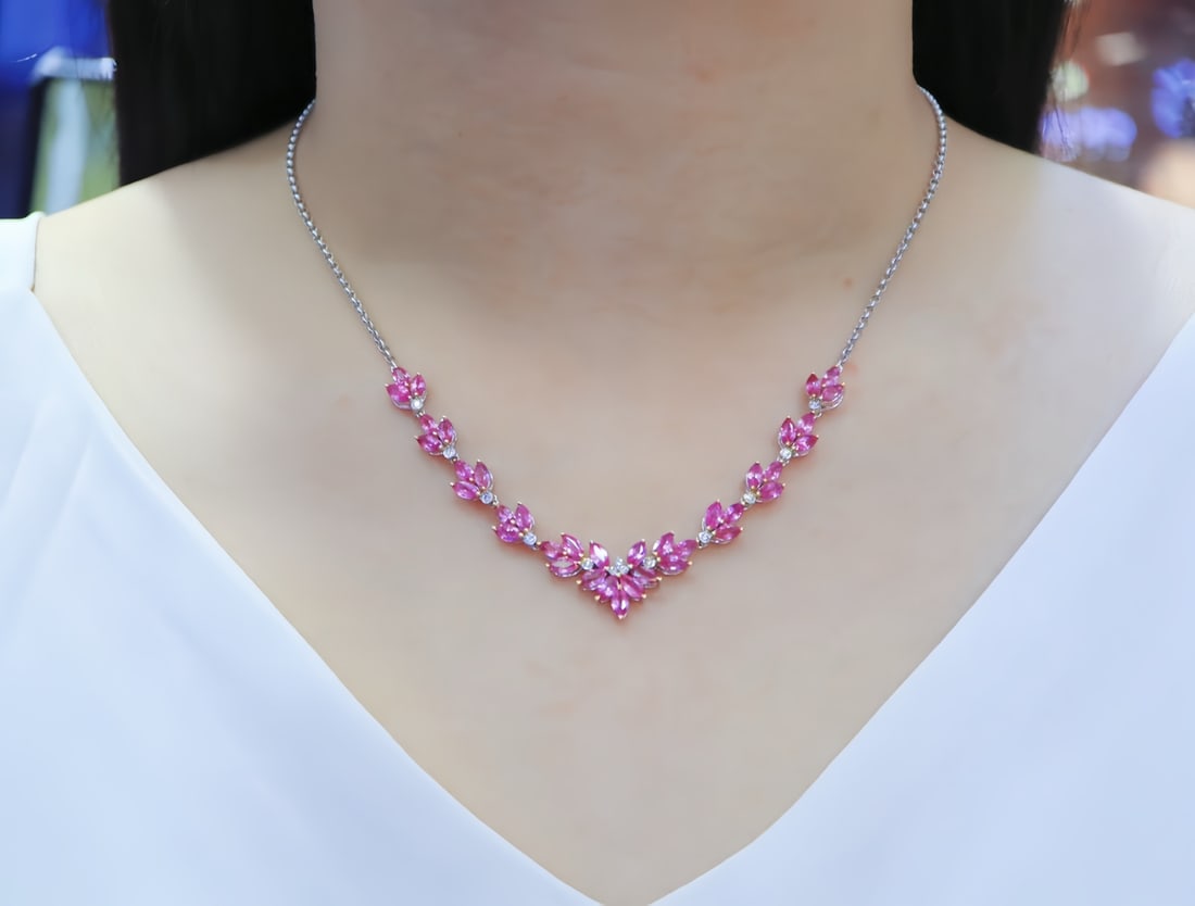 Untreated Padparadscha Sapphire Necklace, 7.20ct, 18K White Gold, Diamond Accent - 5