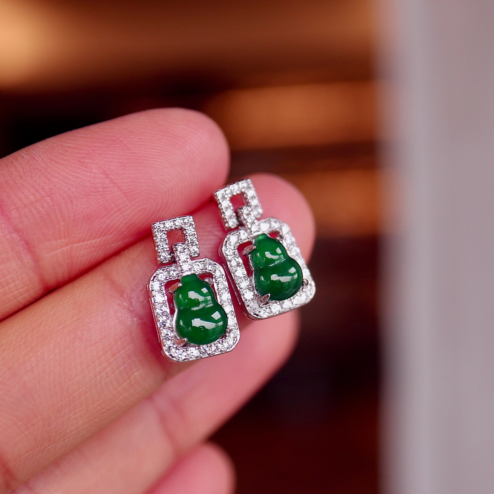 S925 silver natural jadeite stud earrings - 8