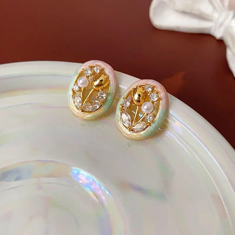 Enamel Oil Painting Tulip Stud Earrings with Freshwater Pearls, Sterling Silver - 2