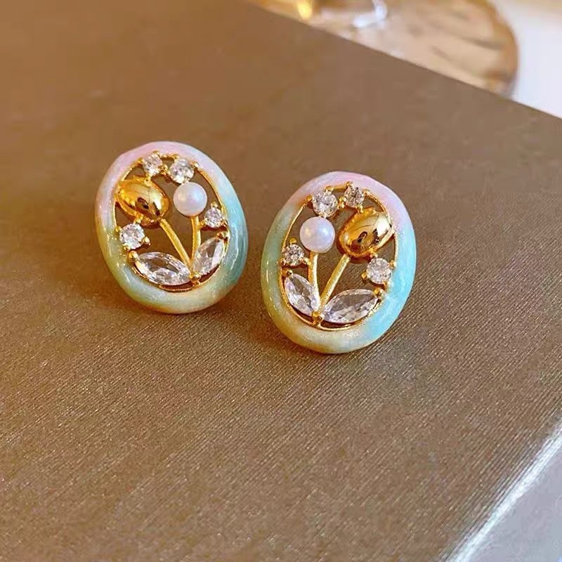 Enamel Oil Painting Tulip Stud Earrings with Freshwater Pearls, Sterling Silver - 4