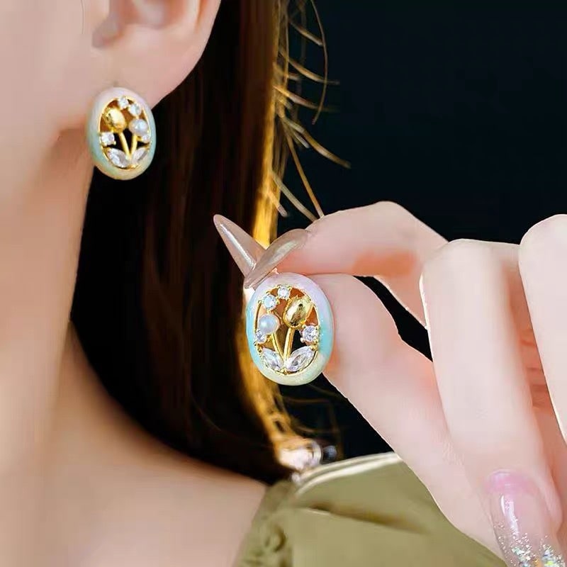 Enamel Oil Painting Tulip Stud Earrings with Freshwater Pearls, Sterling Silver - 5