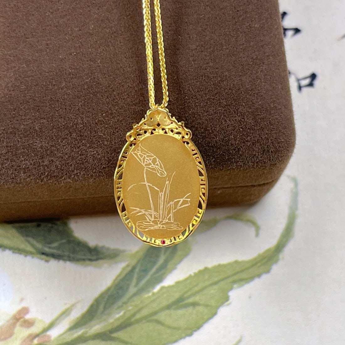 18K Gold Hetian Jade Apple Green Pendant with 3 Diamond Accents, 13x18mm - 5