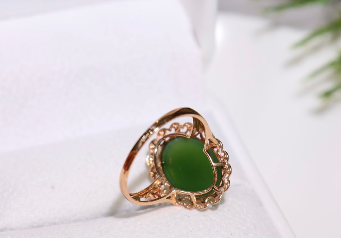 18K Gold Hetian Jade Ring with Diamond Accents, 10x14mm, Size 14 Adjustable - 2