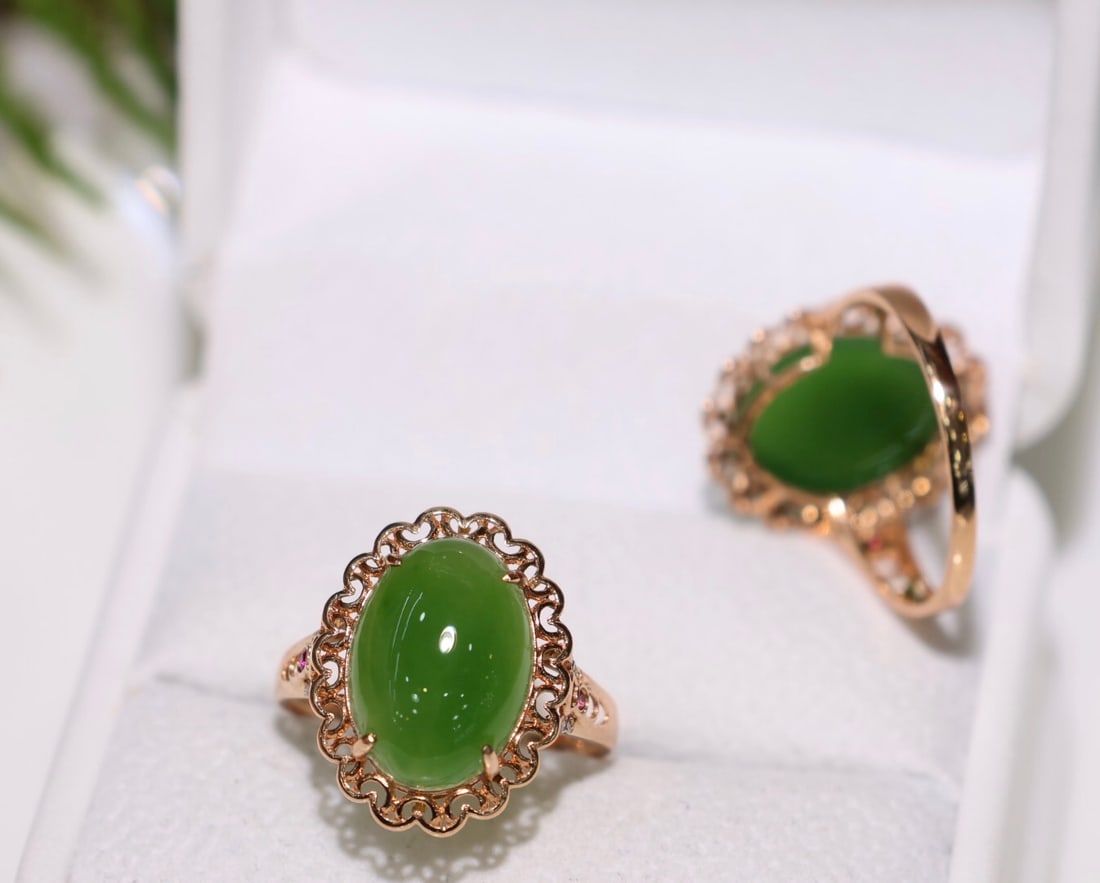 18K Gold Hetian Jade Ring with Diamond Accents, 10x14mm, Size 14 Adjustable - 6