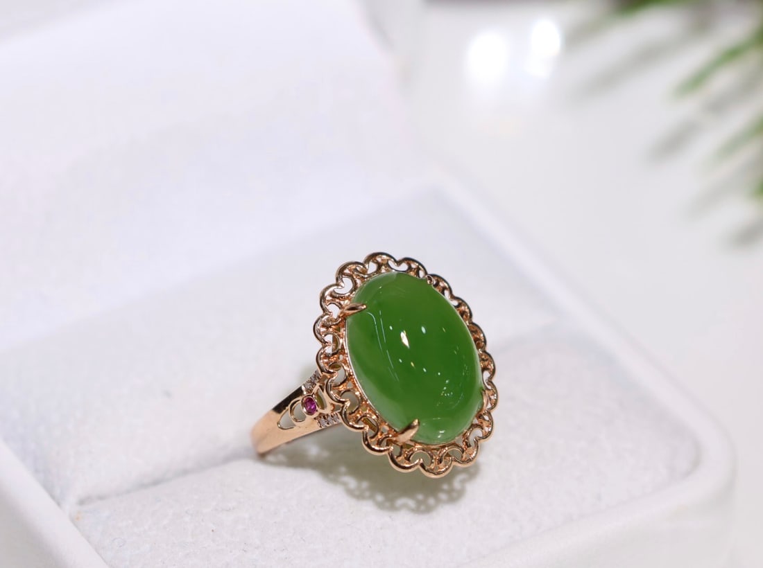 18K Gold Hetian Jade Ring with Diamond Accents, 10x14mm, Size 14 Adjustable - 7
