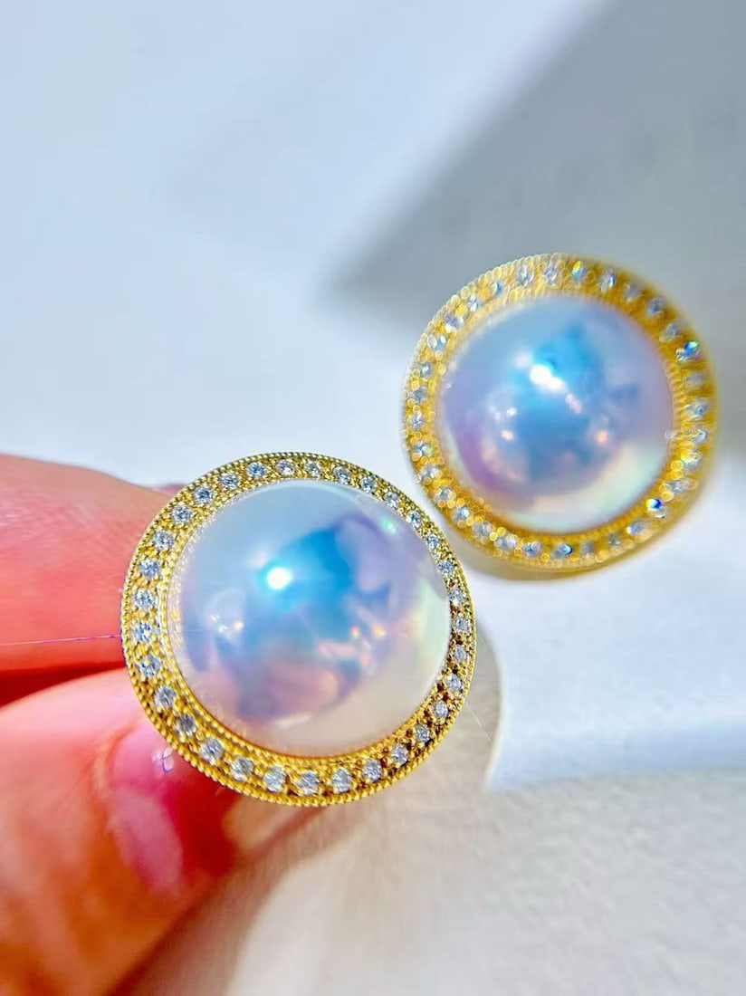 18k Gold Diamond Pearl Pendant Earring Set - 2