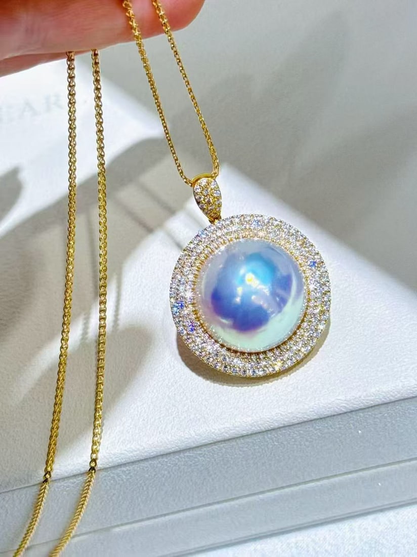 18k Gold Diamond Pearl Pendant Earring Set - 5