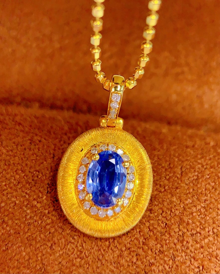 18K Gold Natural Sapphire Pendant, 0.80ct, Diamond Accent - 4
