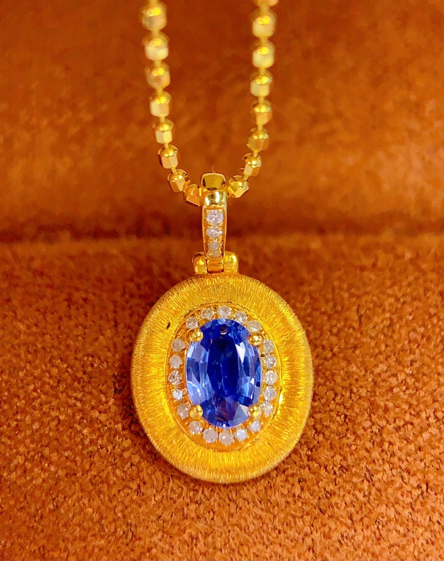 18K Gold Natural Sapphire Pendant, 0.80ct, Diamond Accent - 5