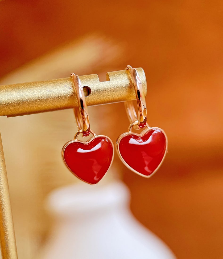 18k Gold Natural Red Agate Earrings - 3