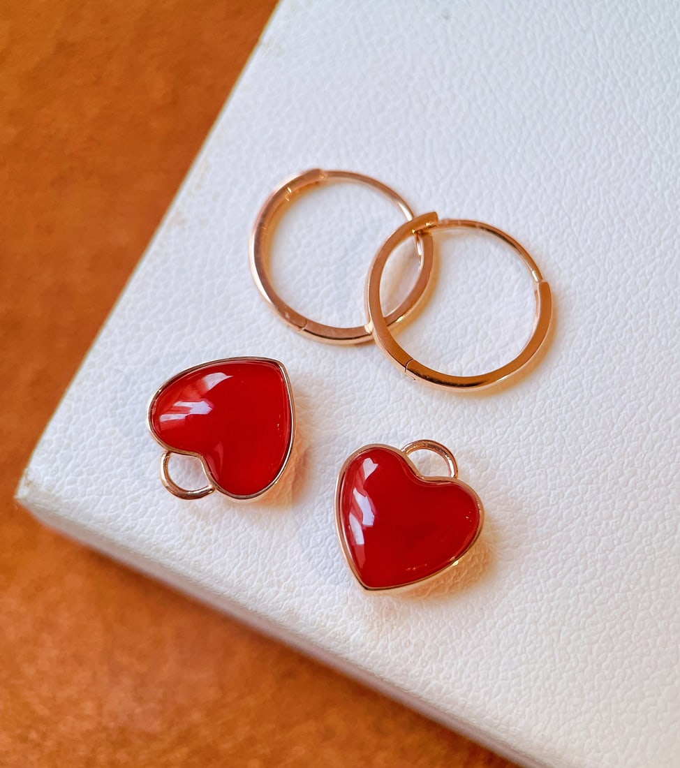 18k Gold Natural Red Agate Earrings - 7