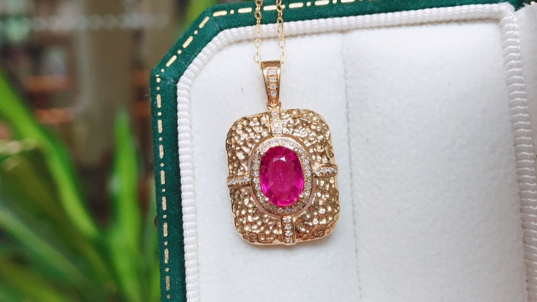 18K Gold Natural Rubellite Tourmaline Pendant with 50 Diamonds, 0.95 ct Gemstone - 4