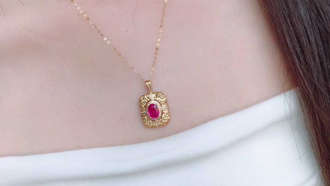 18K Gold Natural Rubellite Tourmaline Pendant with 50 Diamonds, 0.95 ct Gemstone - 6