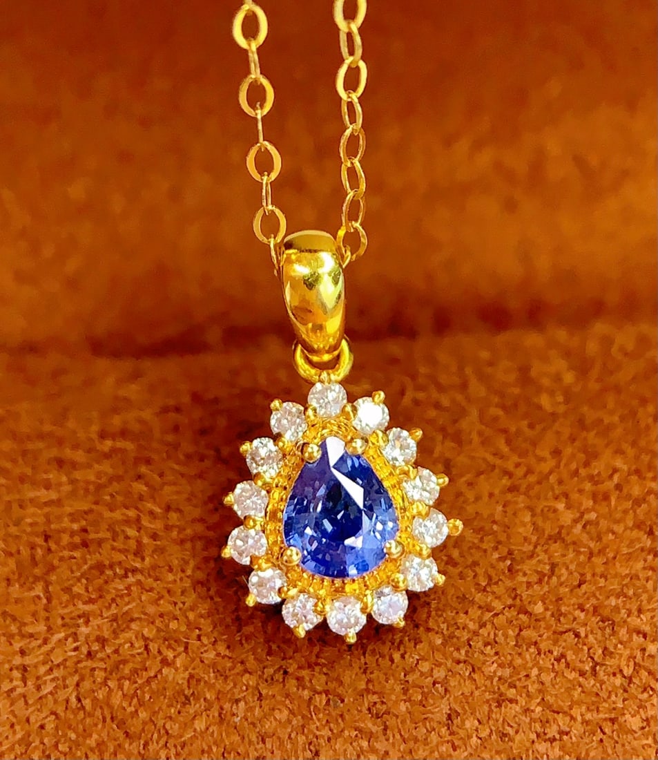 18K Gold Natural Sapphire Pendant, 0.40ct, Diamond Accent - 2