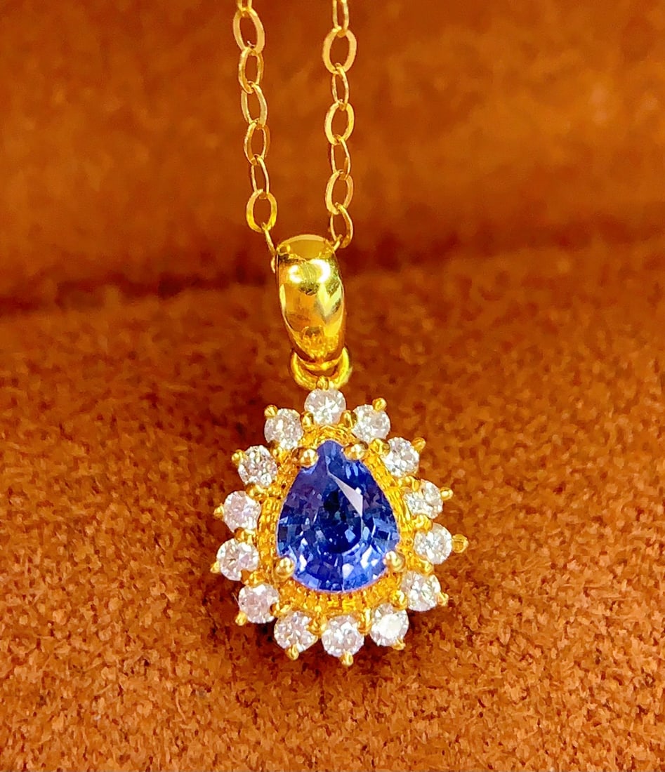 18K Gold Natural Sapphire Pendant, 0.40ct, Diamond Accent - 3