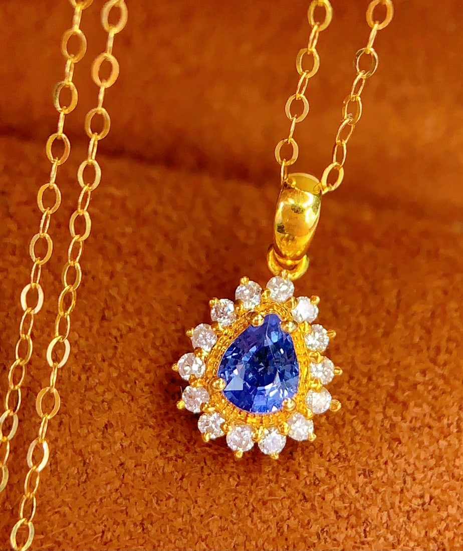 18K Gold Natural Sapphire Pendant, 0.40ct, Diamond Accent - 5