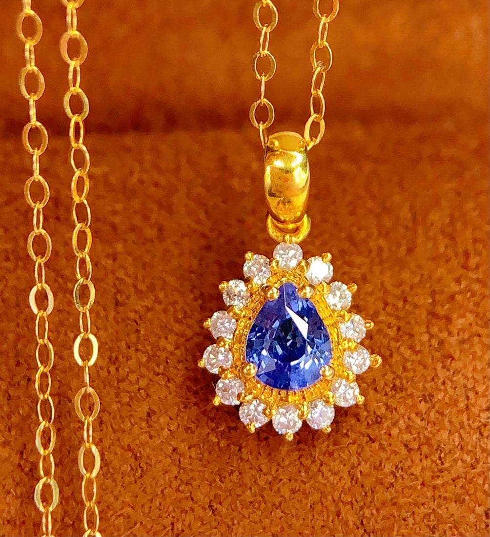 18K Gold Natural Sapphire Pendant, 0.40ct, Diamond Accent - 6