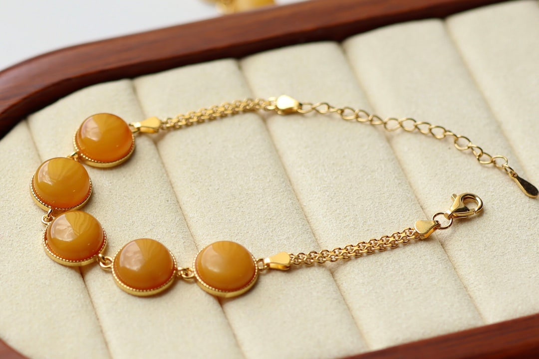 Natural Amber Beaded Bracelet, Multi-Grain Cabochon, 10mm, S925 Silver with 18K Gold Plating - 3