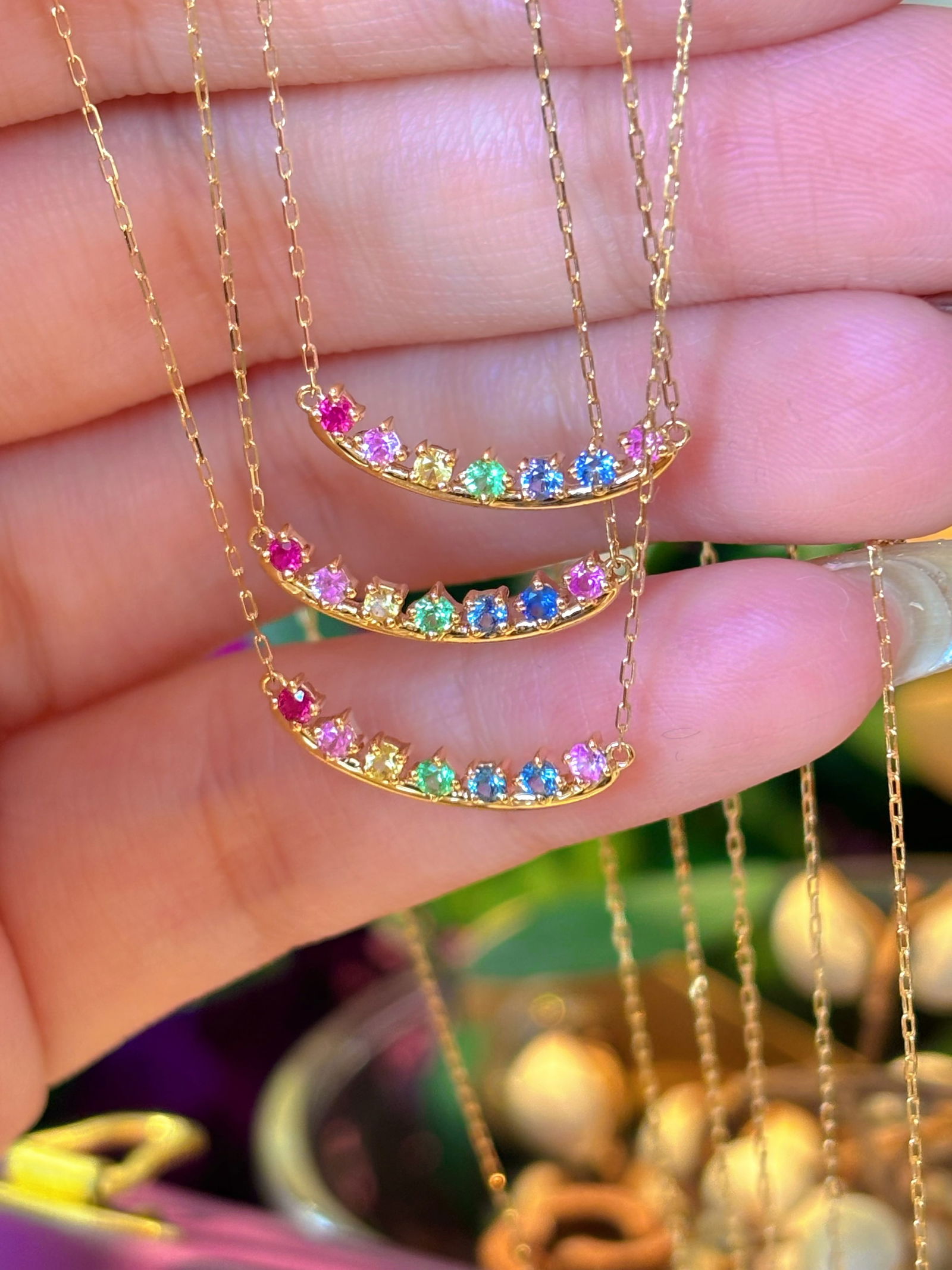 18K Gold Rainbow Sapphire Smile Necklace - 3