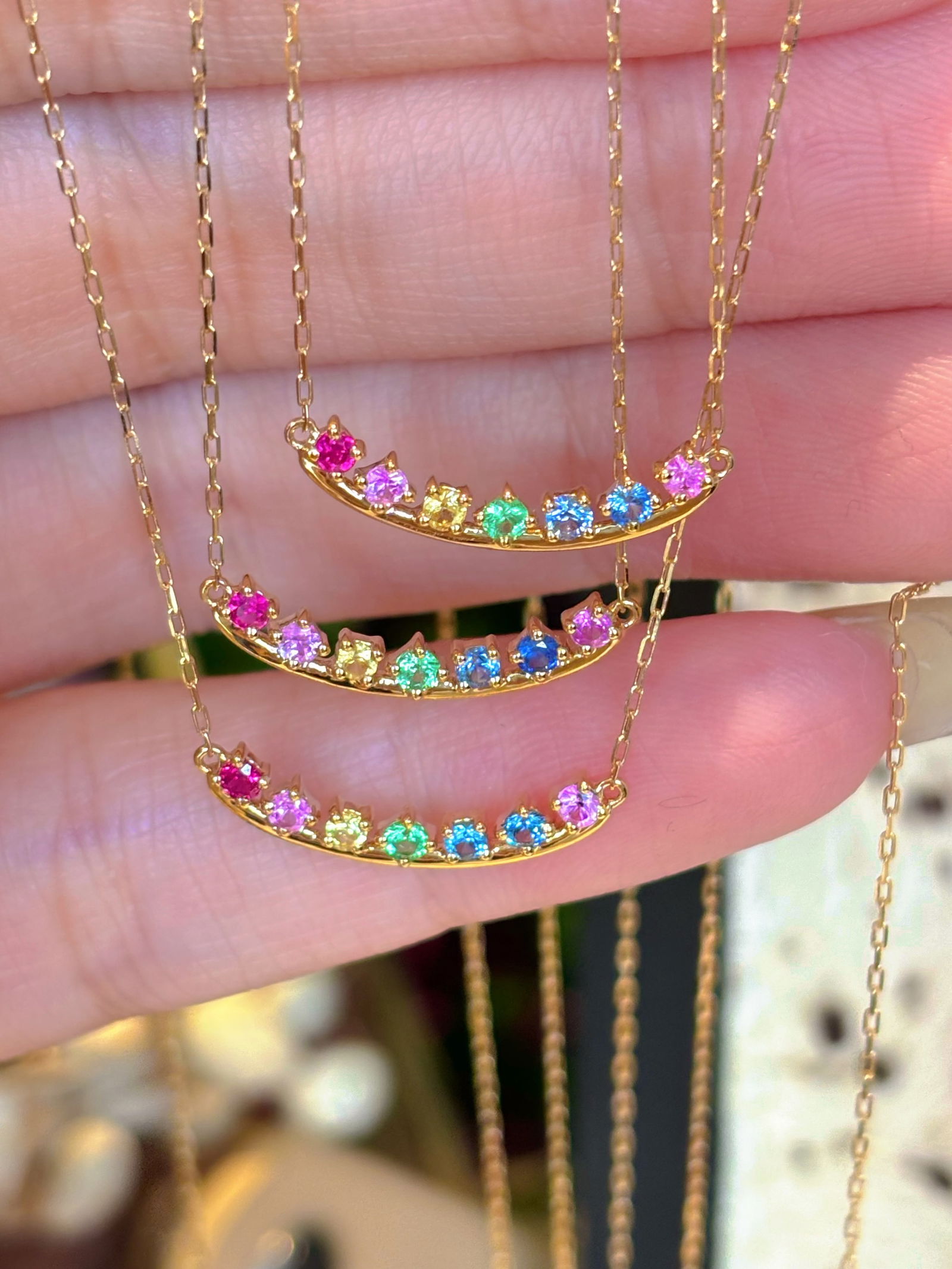 18K Gold Rainbow Sapphire Smile Necklace - 4