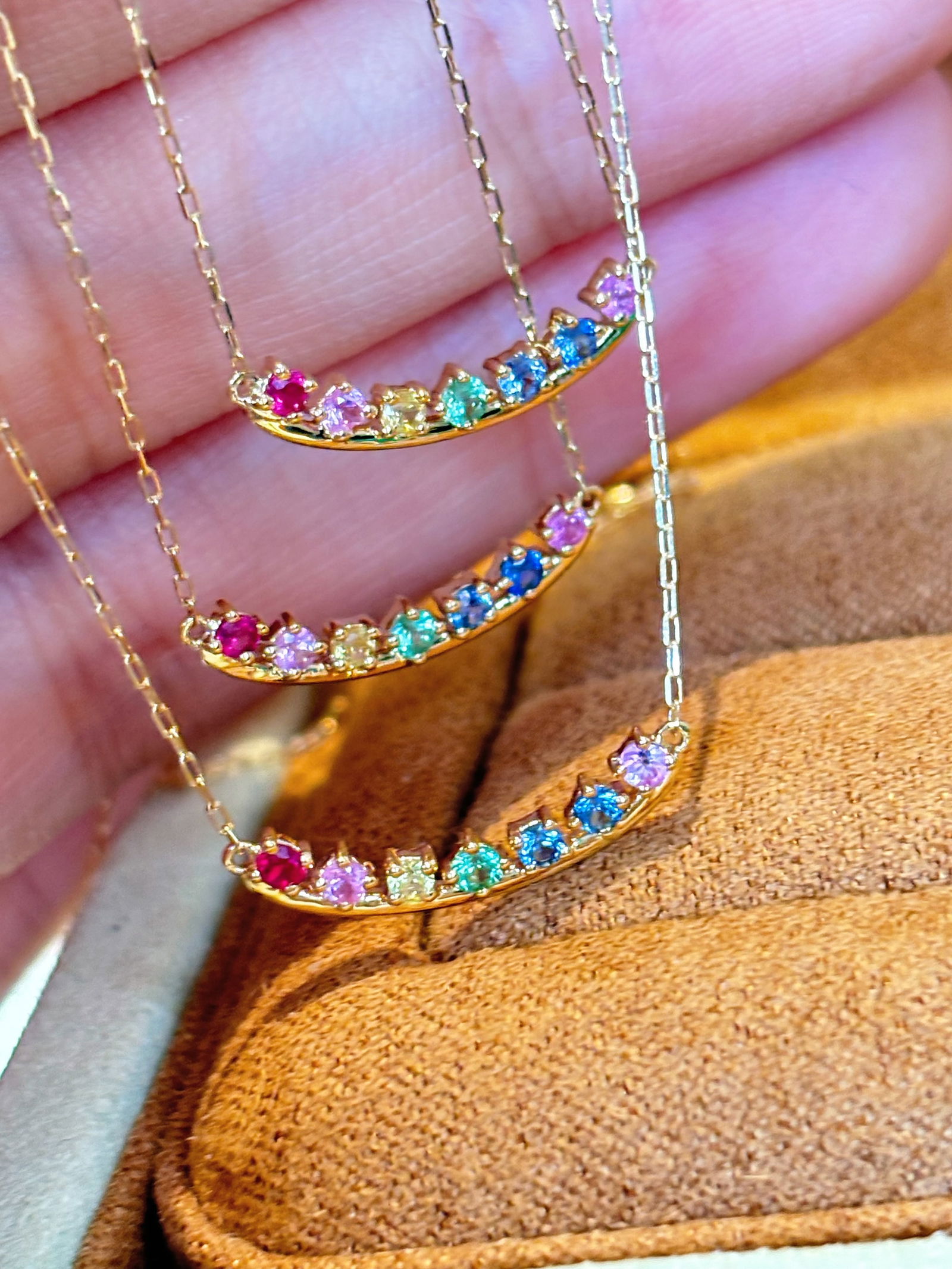 18K Gold Rainbow Sapphire Smile Necklace - 5