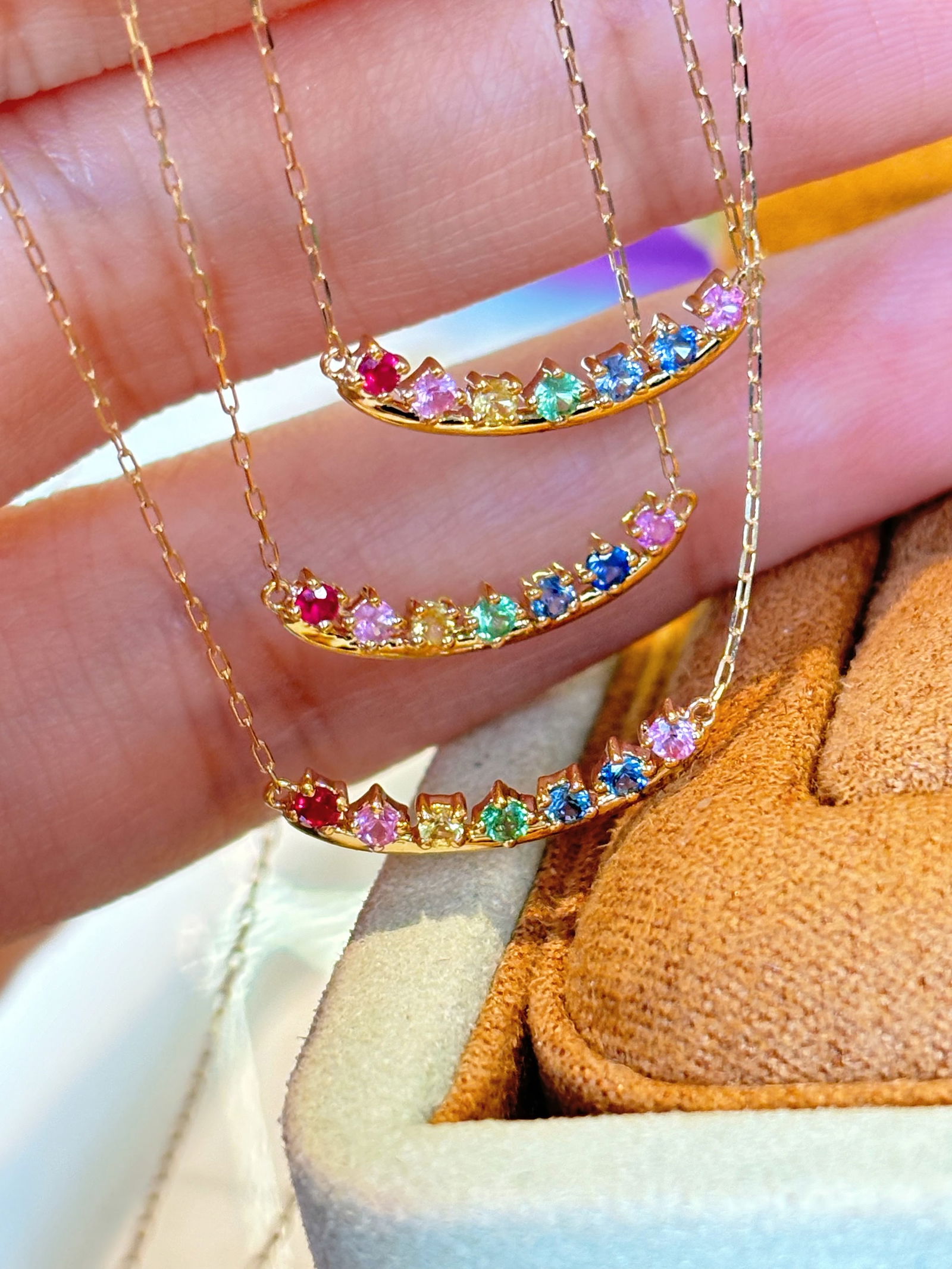 18K Gold Rainbow Sapphire Smile Necklace - 7