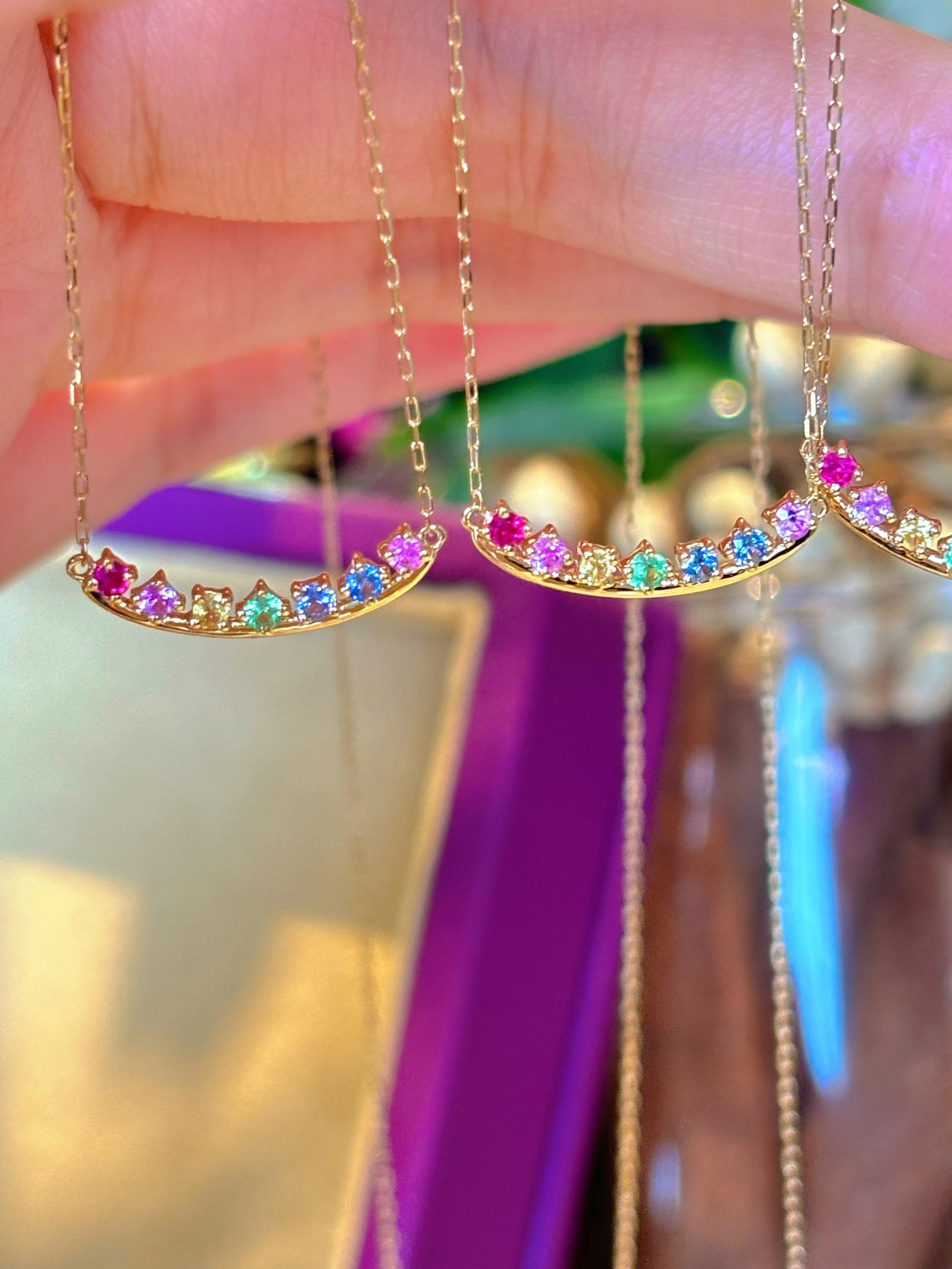 18K Gold Rainbow Sapphire Smile Necklace - 9