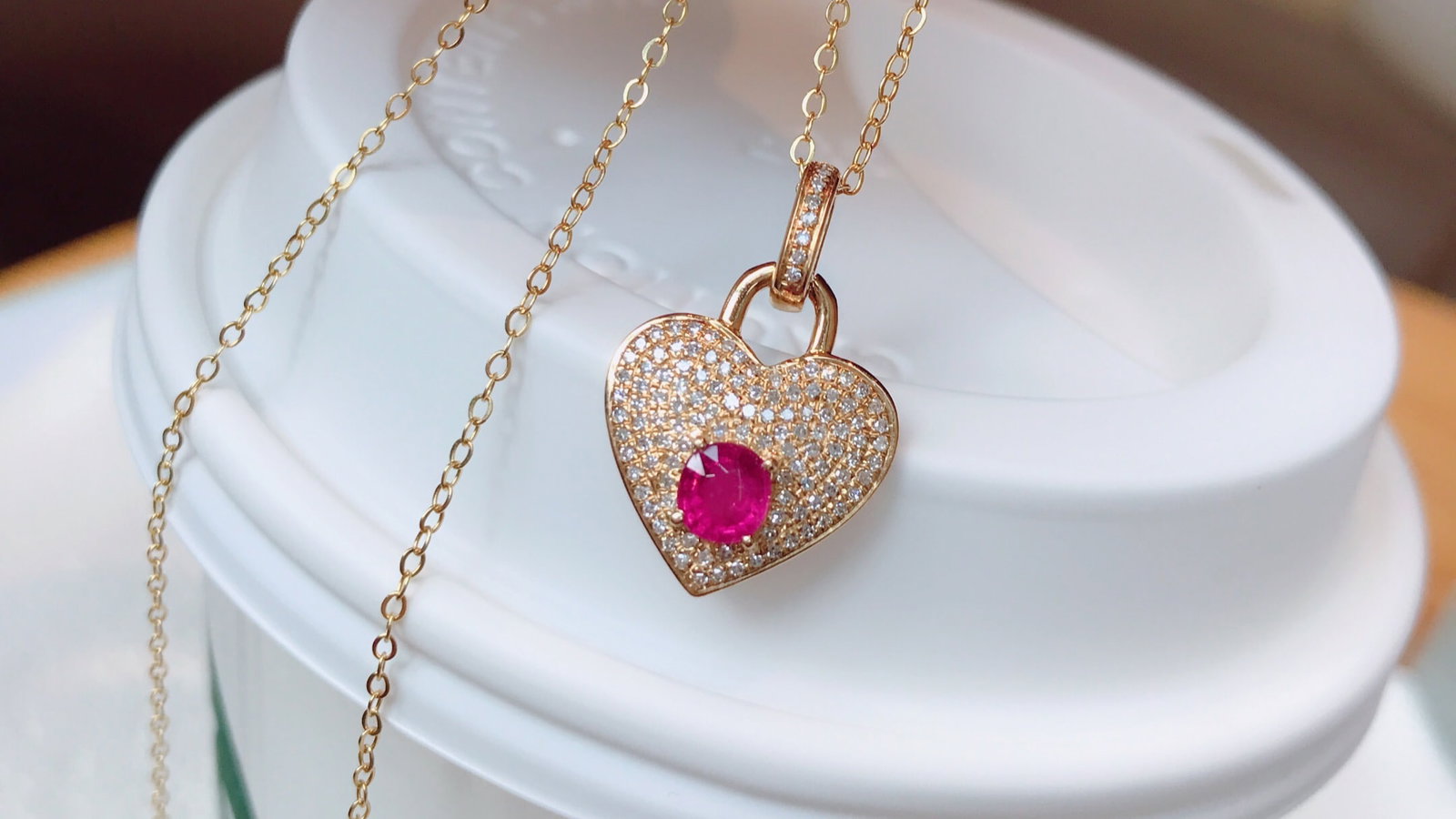 18K Gold Natural Rubellite Tourmaline Pendant with 117 Diamonds, 0.4 ct Gemstone - 4