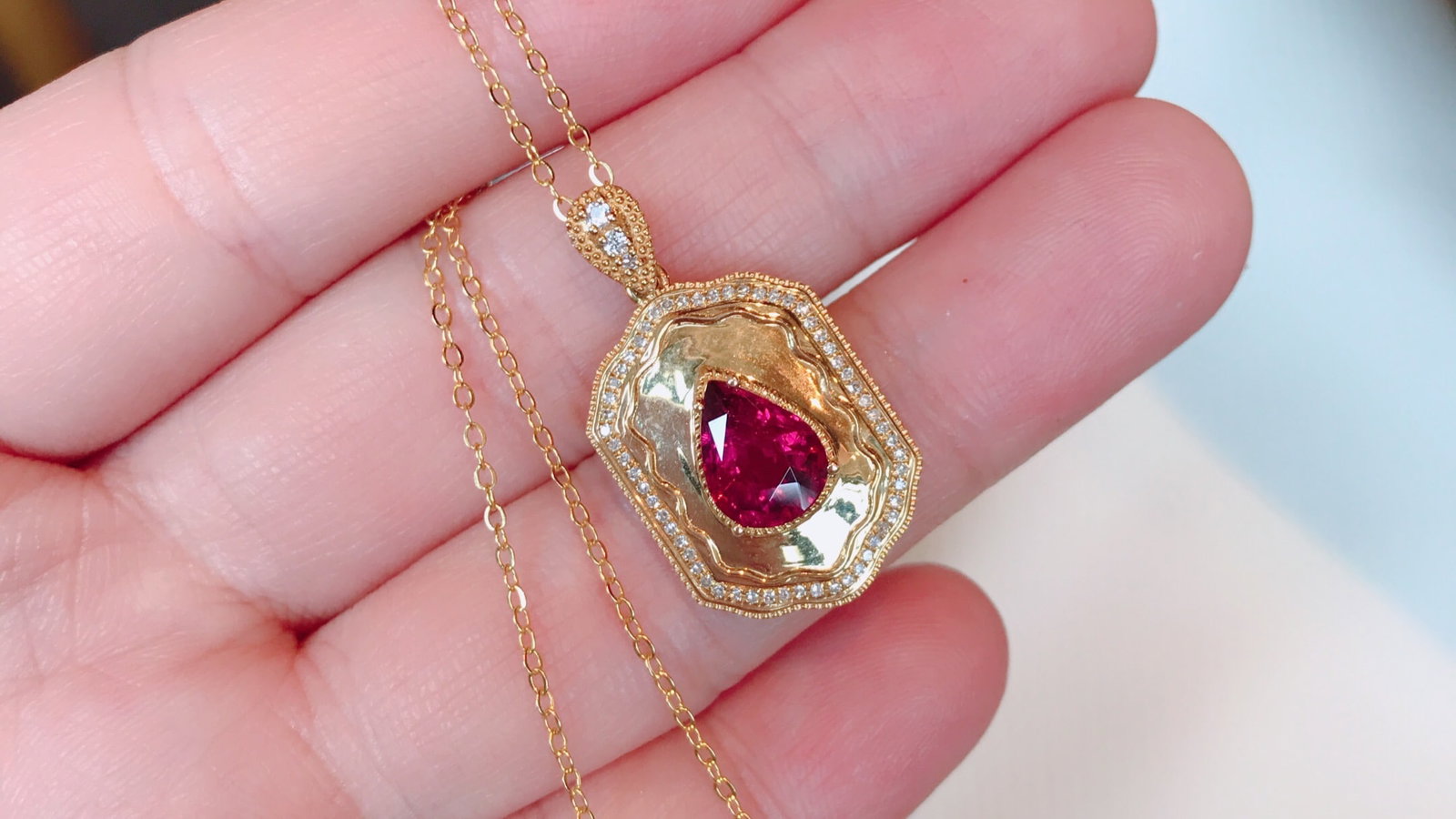 18K Gold Natural Rubellite Tourmaline Pendant with Diamonds and White Sapphire, 1.3 ct Gemstone - 3
