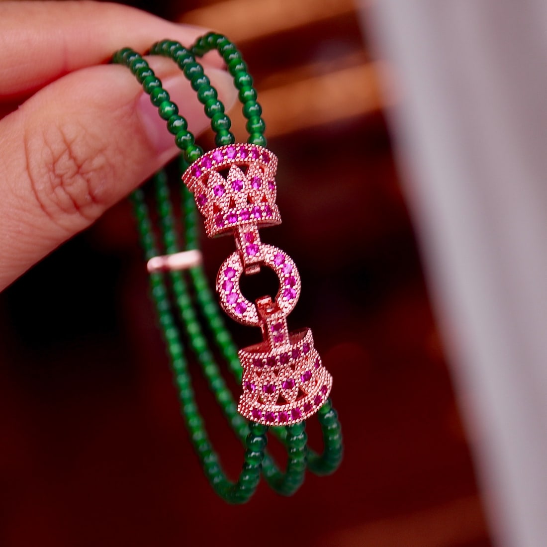 Natural jadeite millet bead three-strand chain bracelet - 5