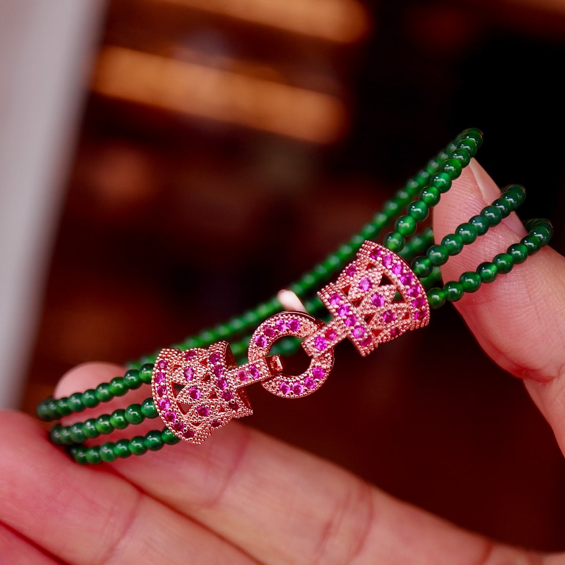 Natural jadeite millet bead three-strand chain bracelet - 6