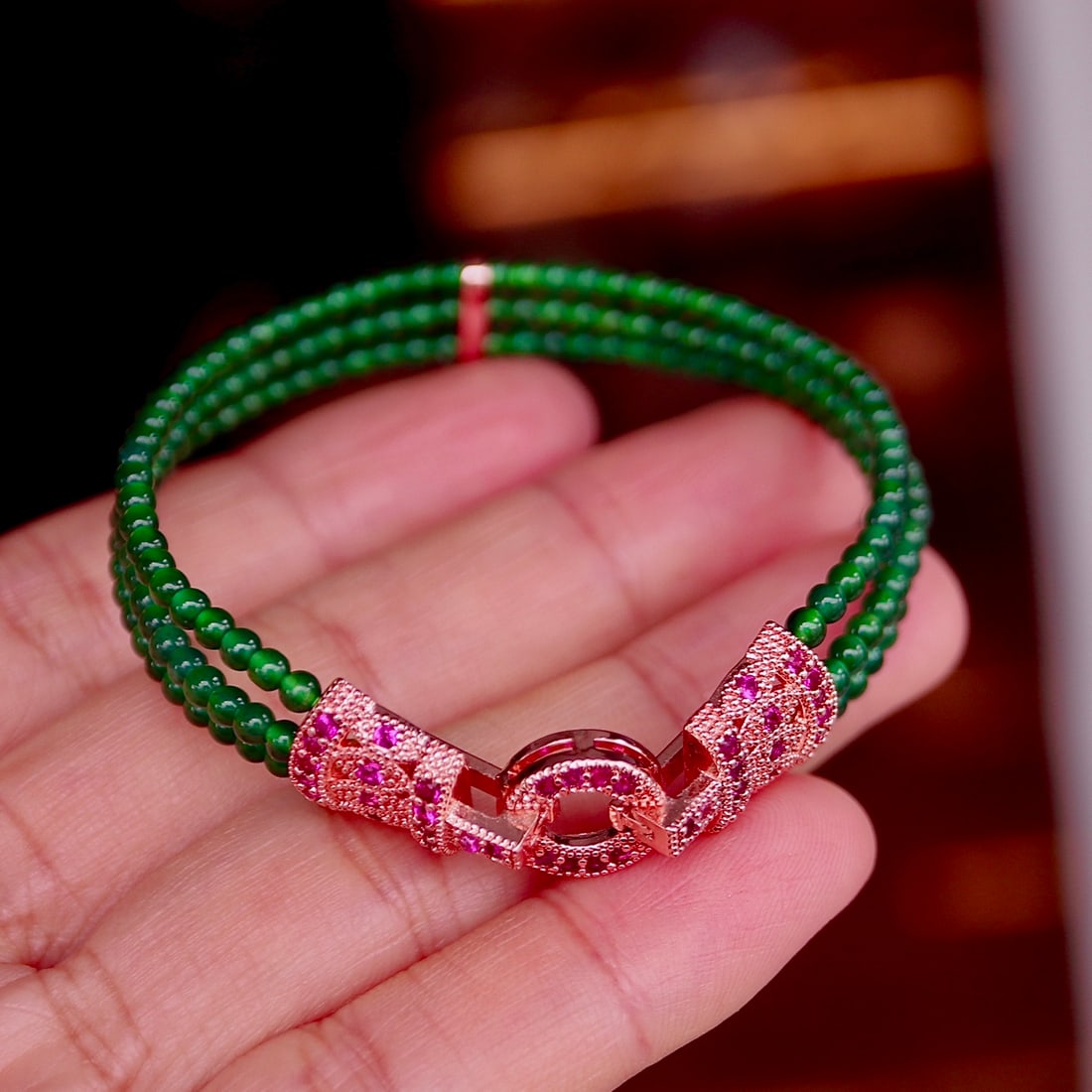 Natural jadeite millet bead three-strand chain bracelet - 7