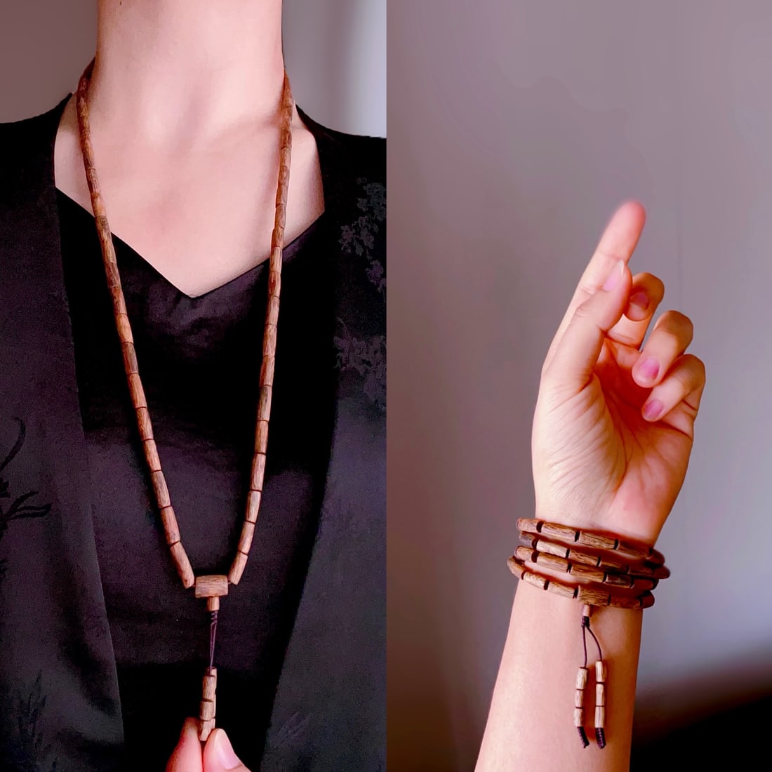 Natural agarwood bracelet with multiple loops design, can also be worn as a necklace. - 3