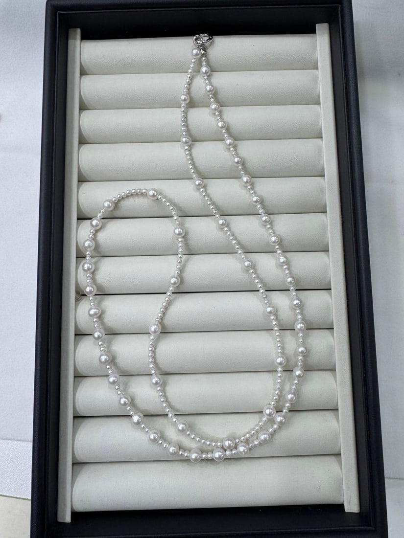 Layered Pearl Sweater Necklace 82cm 6-7mm & 2.5-3mm: Title: Layered Pearl Sweater Necklace 82cm 6-7mm & 2.5-3mm Description: Versatile pearl sweater necklace with multiple styling options. Features near-round freshwater pearls in 6-7mm and 2.5-3mm, stro