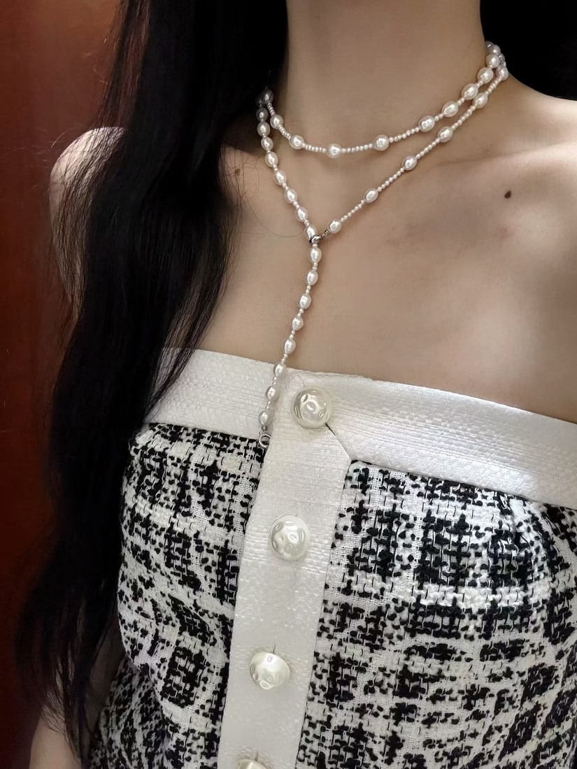 Layered Pearl Sweater Necklace 82cm 6-7mm & 2.5-3mm - 3