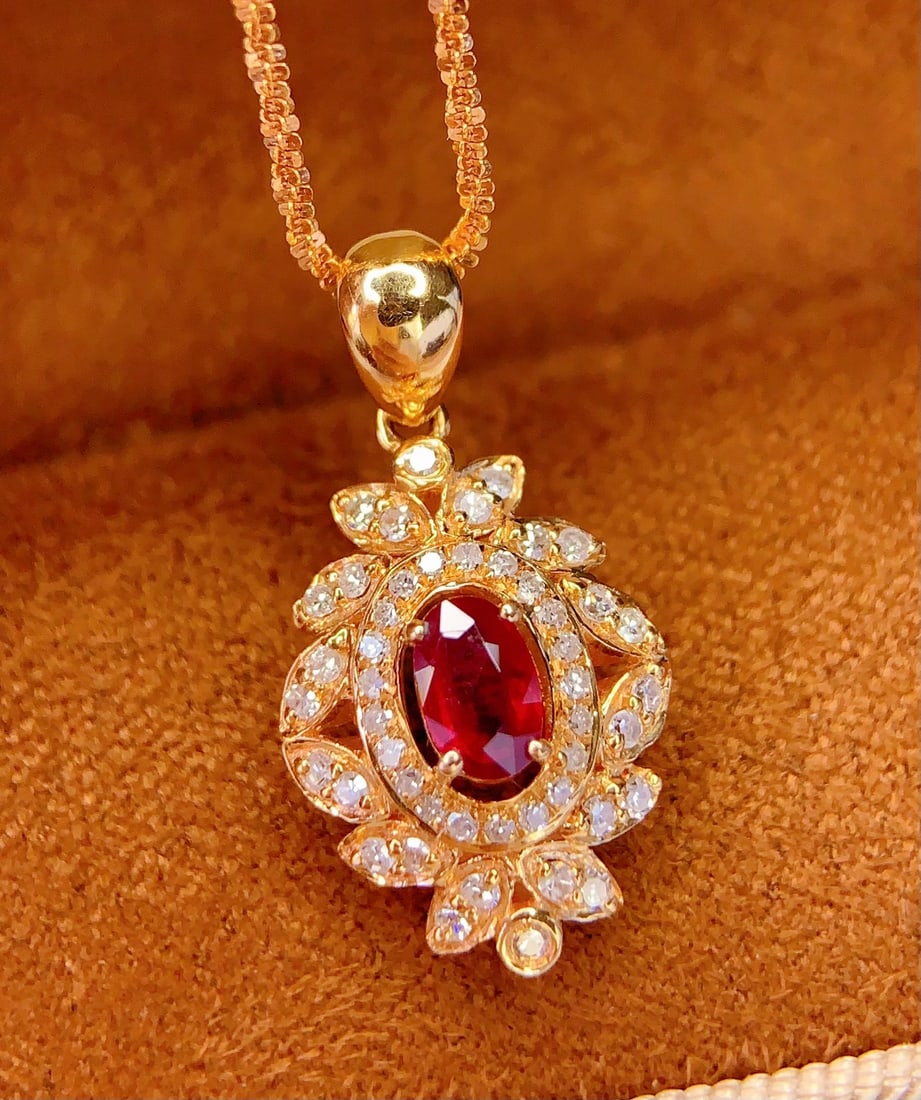 18K Gold Natural Ruby Pendant, 0.40ct, Diamond Accent - 2
