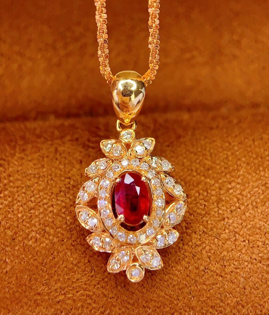 18K Gold Natural Ruby Pendant, 0.40ct, Diamond Accent - 3