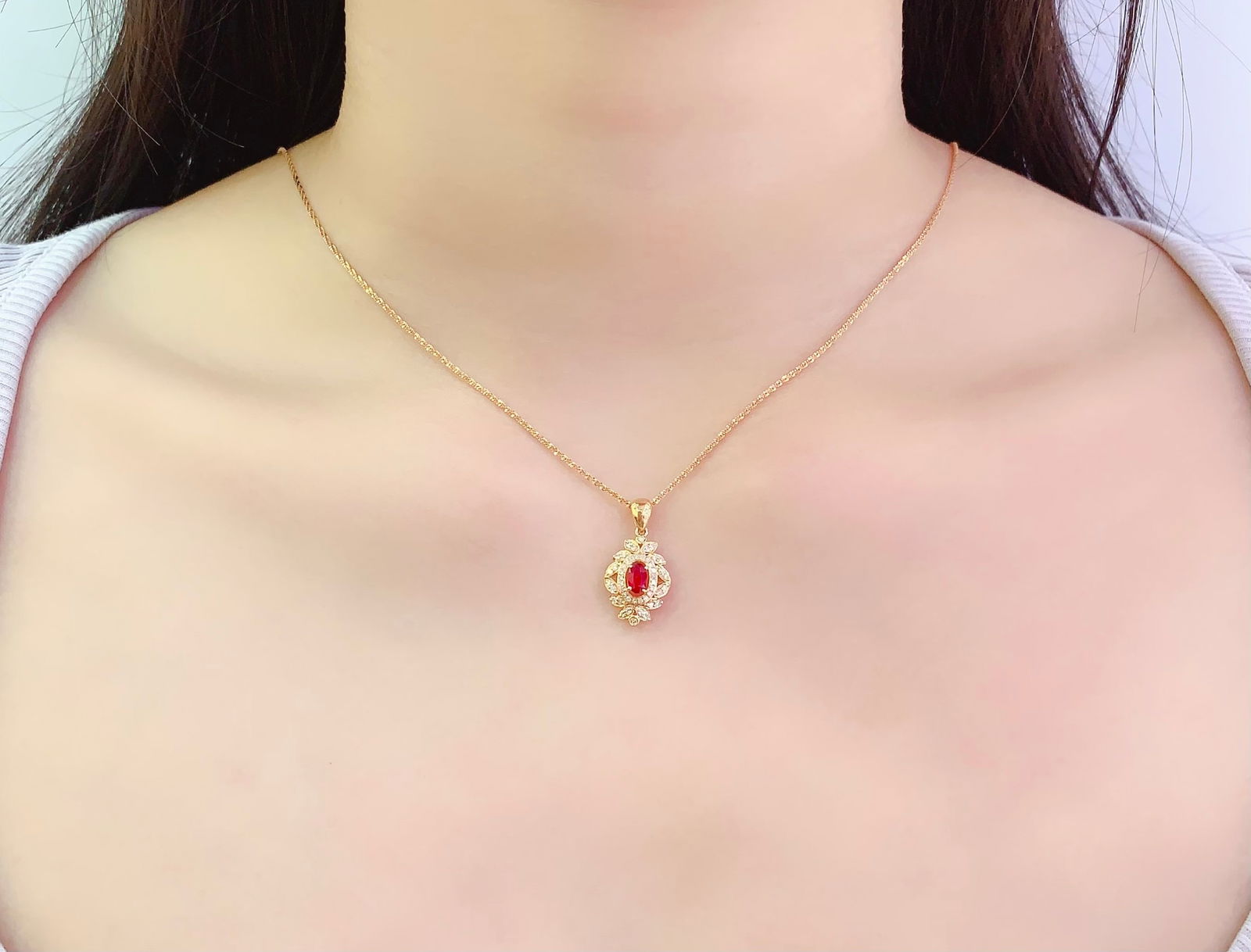 18K Gold Natural Ruby Pendant, 0.40ct, Diamond Accent - 4