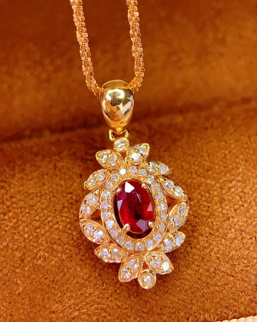 18K Gold Natural Ruby Pendant, 0.40ct, Diamond Accent - 5