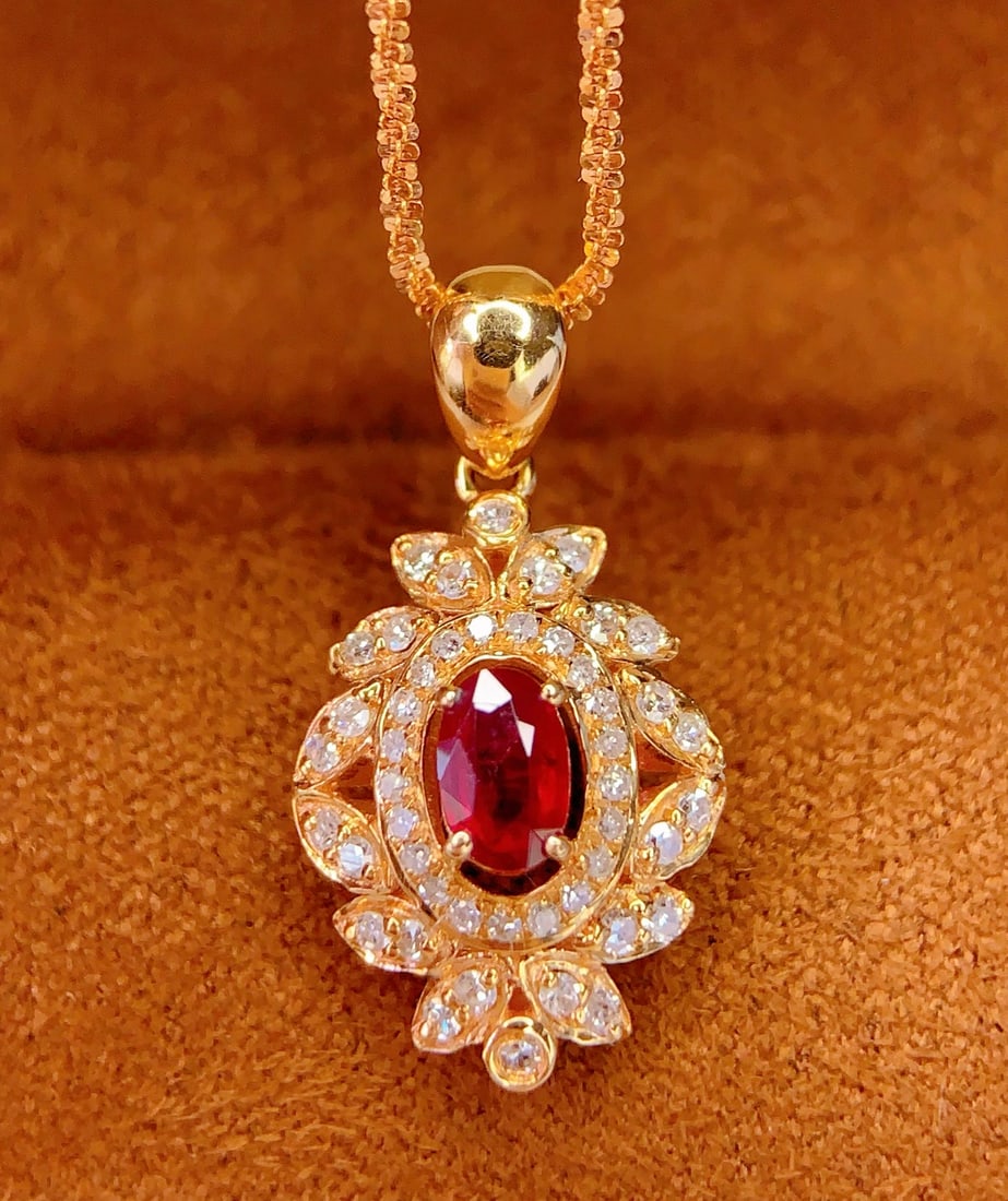18K Gold Natural Ruby Pendant, 0.40ct, Diamond Accent - 6